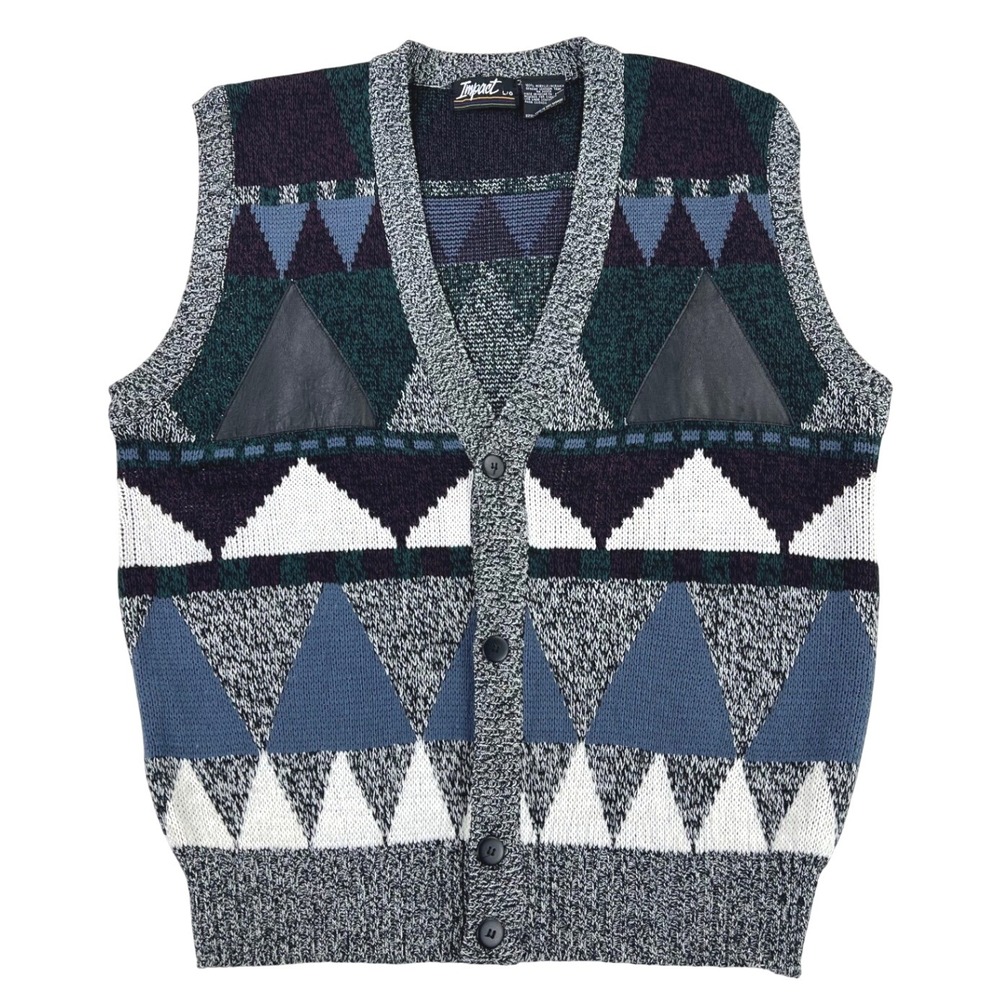 Impact Vintage Sweater Vest Men's LARGE Geometric Acrylic Leather Button 90s Y2K